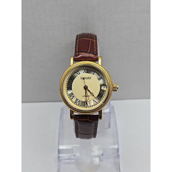 Kessaris Automatic Gold Tone Roman Dial Date Leather 30 MM Exhibition Back Watch - Picture 1 of 14